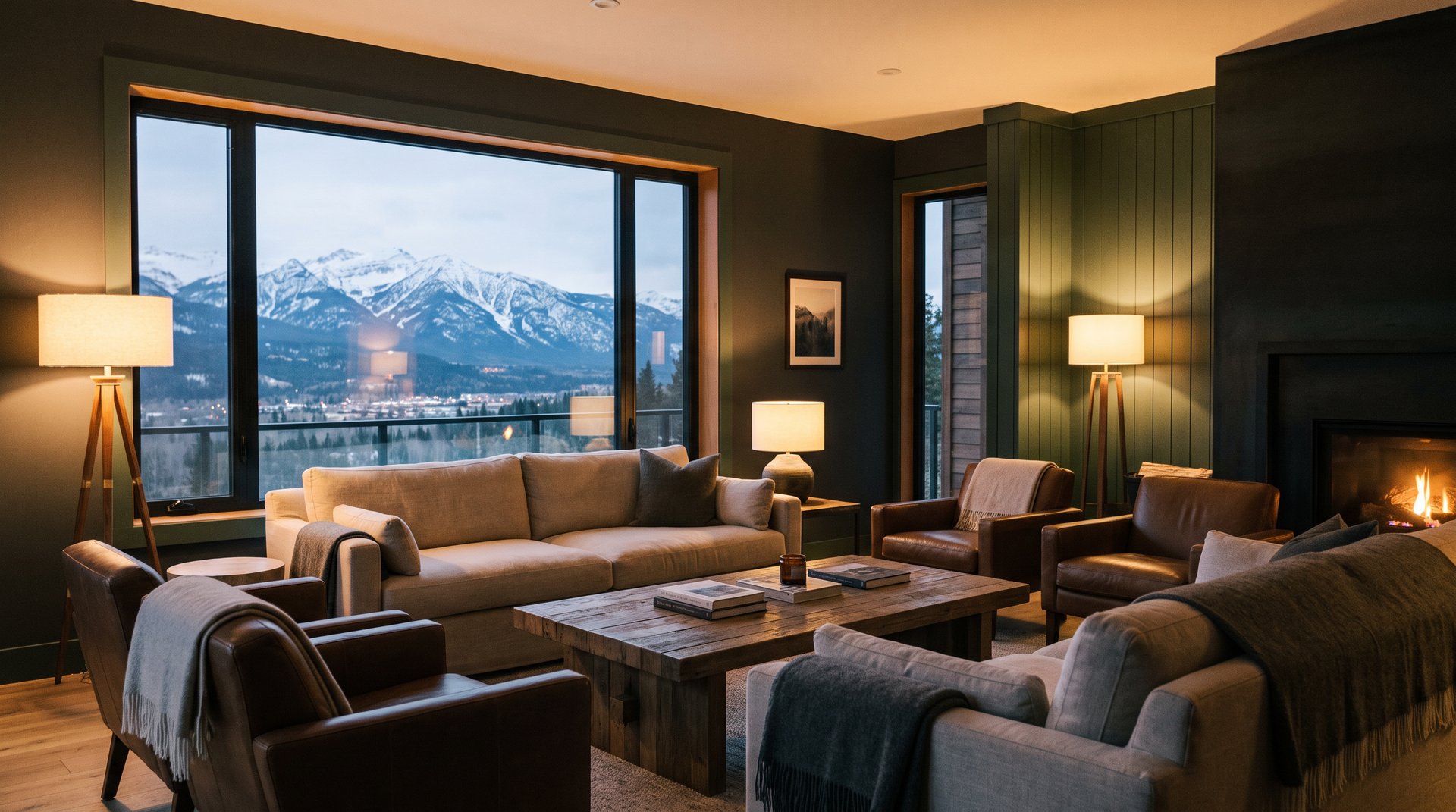 Cozy modern living room at dusk