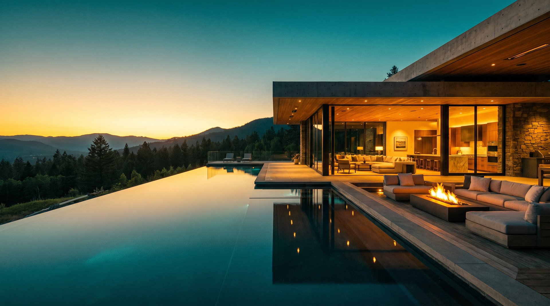 Luxury hillside home with infinity pool at dusk