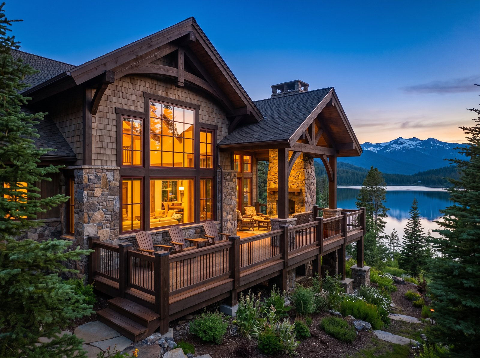 Mountain lodge home at twilight