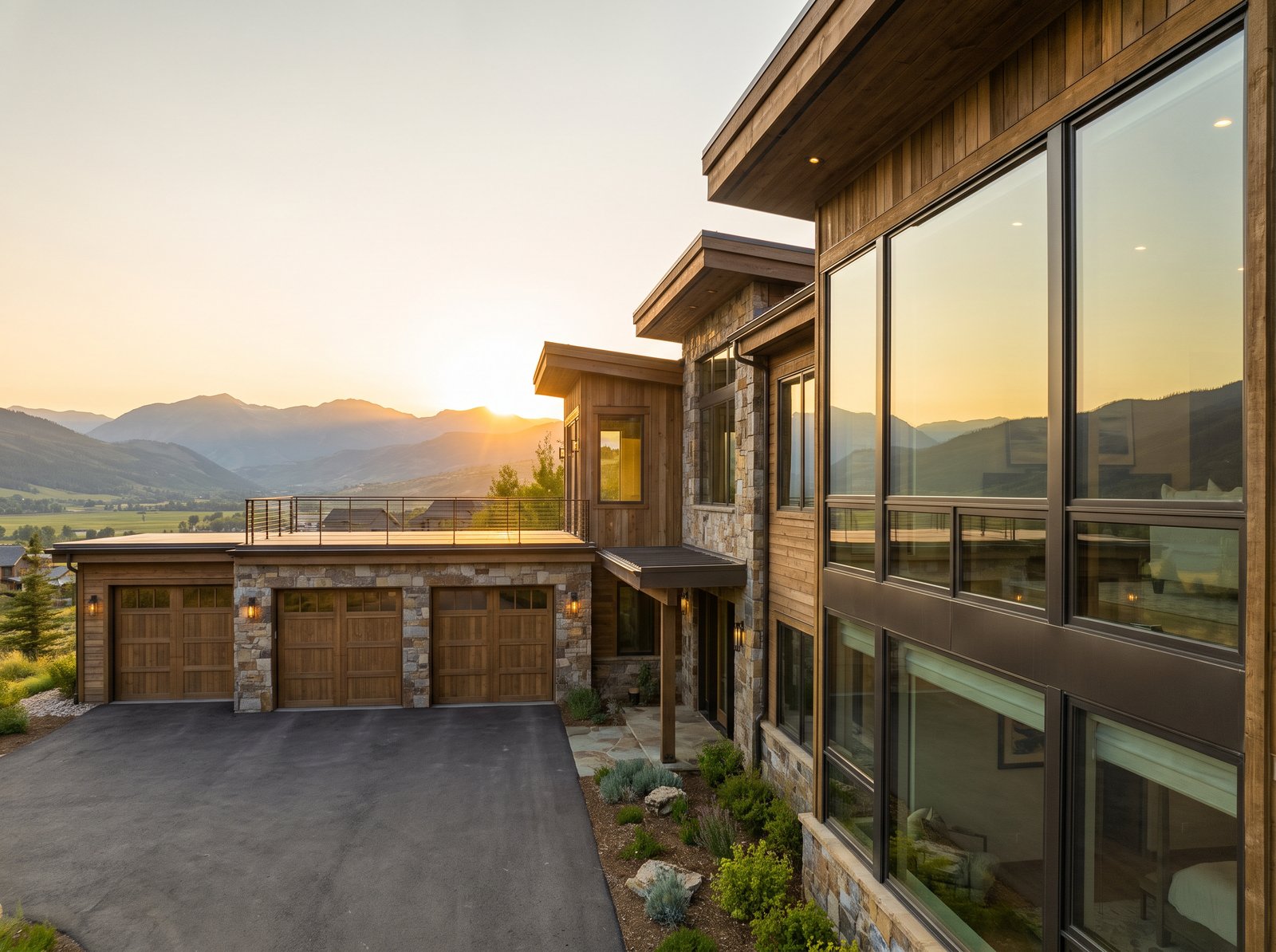 Modern home at sunset